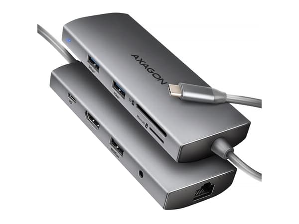 Axagon HMC-8HLSA Moniporttinen USB-C 3.2 Gen 1 -keskitin, 3x USB-A + 4K/30Hz HDMI + SD/Micro SD, GLAN, Audio, PD 100W, 20cm USB-C-kaapeli