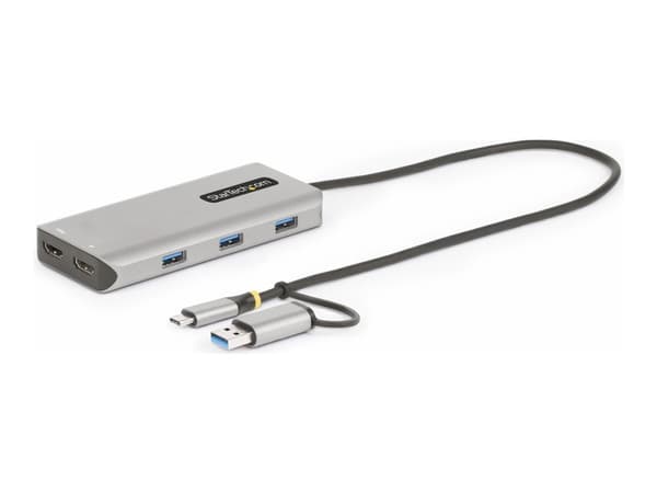 StarTech.com USB-C Multiport Adapter w/Attached USB-C to USB-A Dongle, Dual HDMI (4K30Hz/1080p60Hz), 3x USB-A, Mini Laptop Docking Station, Travel Do