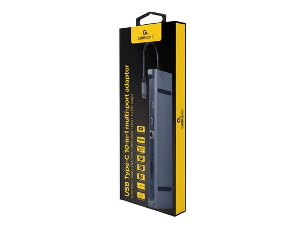 Gembird A-CM-COMBO10-01, Koblet med ledninger (ikke trådløs), USB 3.2 Gen 1 (3.1 Gen 1) Type-C, 87 W, 3,5 mm, 1000 Mbit/s, Grå