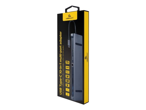 Gembird A-CM-COMBO10-01, Koblet med ledninger (ikke trådløs), USB 3.2 Gen 1 (3.1 Gen 1) Type-C, 87 W, 3,5 mm, 1000 Mbit/s, Grå