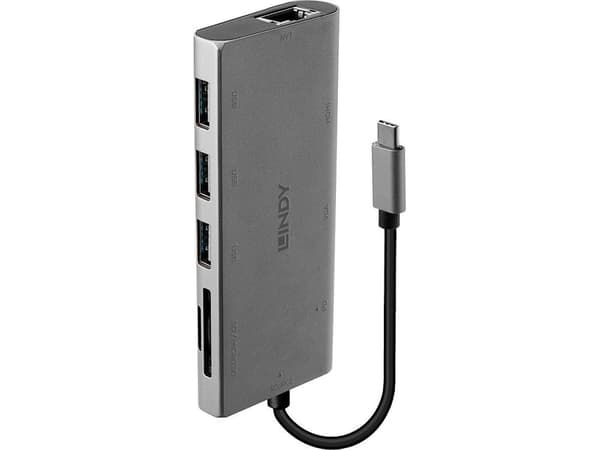 Lindy 43278, USB 3.2 Gen 1 (3.1 Gen 1) Type-C, 100 W, 10,100,1000 Mbit/s, Grå, MicroSD (TransFlash), SD, HDMI, RJ-45, USB 3.2 Gen 1 (3.1 Gen 1) Type-
