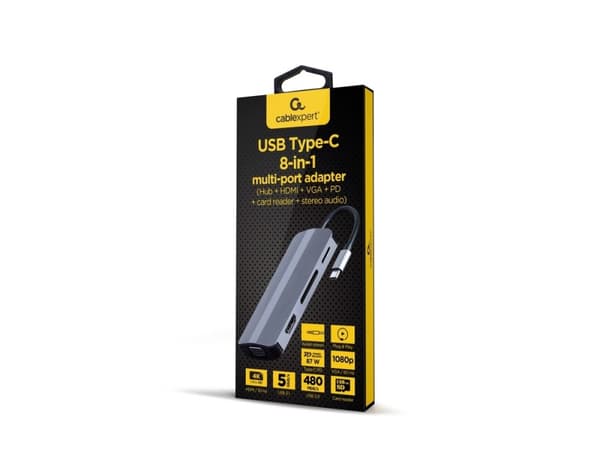 Gembird A-CM-COMBO8-02, USB Type-C, Silver, MicroSD (TransFlash), SD, HDMI, USB 3.2 Gen 1 (3.1 Gen 1) Typ-A, USB Type-C, VGA, 1,5 A, 45 mm
