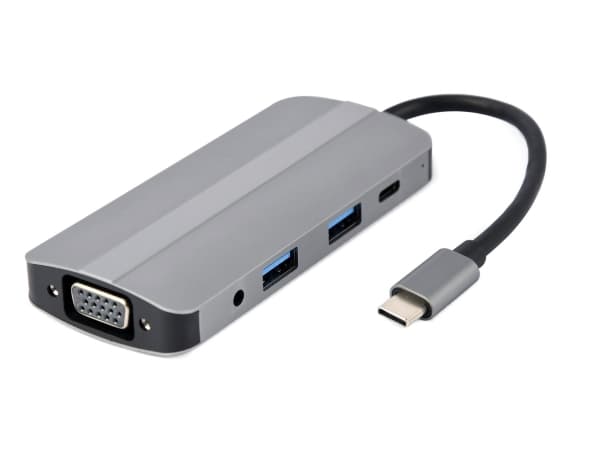 Gembird A-CM-COMBO8-02, USB Type-C, Silver, MicroSD (TransFlash), SD, HDMI, USB 3.2 Gen 1 (3.1 Gen 1) Typ-A, USB Type-C, VGA, 1,5 A, 45 mm