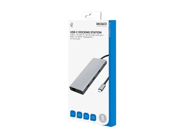 HUB USB Deltaco 12-in-1 USB-C telakointiasema DELTACO, kolminkertainen näyttö, 4K UHD 60 Hz, PD 85 W, hopea / USBC-HDMI27 / 1902422