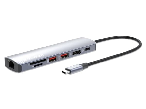 Manhattan 153966, trådbunden, USB 3.2 Gen 2 (3.1 Gen 2) Type-C, 100 W, 10 100 1000 Mbit/s, Silver, MicroSD (TransFlash), MicroSDHC, MicroSDXC, SD, SD