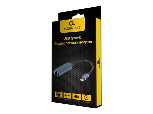 Gembird A-USB3C-LAN-01, USB 3.2 Gen 1 (3.1 Gen 1) Type-C, 10,100,1000 Mbit/s, IEEE 802.1Q, IEEE 802.1p, IEEE 802.3az, IEEE 802.3x, Sort, Grå, RJ-45,