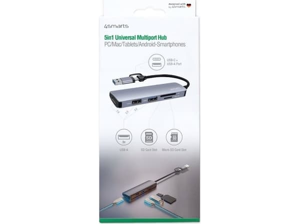 4smarts 5in1 Hub - telakointiasema - älypuhelimelle, tabletille, kannettavalle tietokoneelle - USB-C / USB-A - 5-korttipaikka - USB 2.0, USB 3.0
