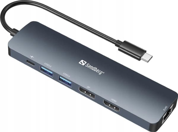 Sandberg 136-43, USB 3.2 Gen 1 (3.1 Gen 1) Type-C, 100 W, 10 100 Mbit/s, harmaa, DisplayPort, HDMI, RJ-45, USB 3.2 Gen 1 (3.1 Gen 1) Type-A, USB Tyyp