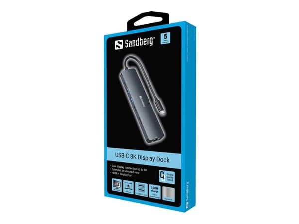 Sandberg 136-43, USB 3.2 Gen 1 (3.1 Gen 1) Type-C, 100 W, 10 100 Mbit/s, harmaa, DisplayPort, HDMI, RJ-45, USB 3.2 Gen 1 (3.1 Gen 1) Type-A, USB Tyyp