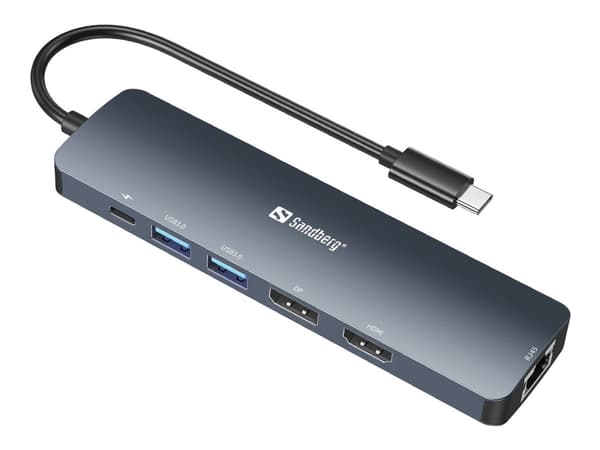 Sandberg 136-43, USB 3.2 Gen 1 (3.1 Gen 1) Type-C, 100 W, 10 100 Mbit/s, harmaa, DisplayPort, HDMI, RJ-45, USB 3.2 Gen 1 (3.1 Gen 1) Type-A, USB Tyyp