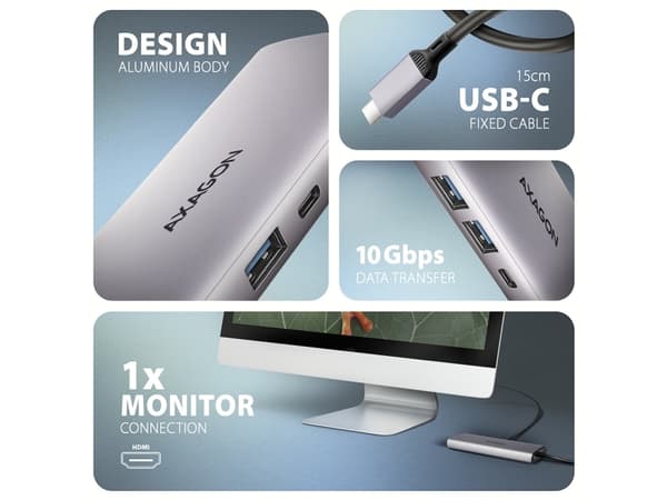 Axagon AXAGON HMC-6G2L USB HUB, USB 10Gb/s hubb, 2x USB-A, 1x USB-C, HDMI 4k/60, RJ-45, PD 100W, USB-C-kabel 15cm