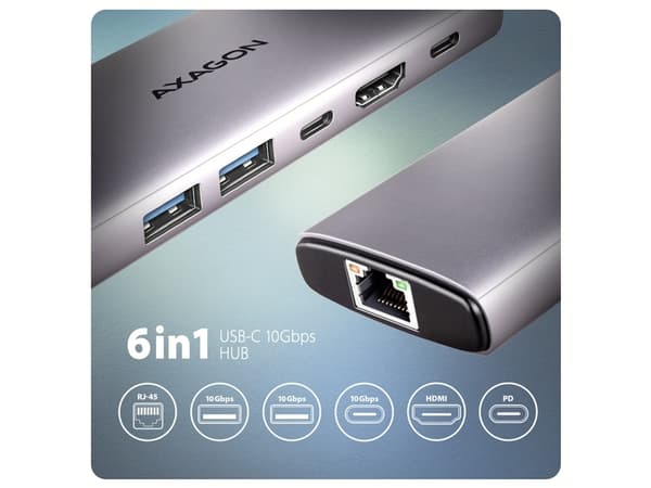 Axagon AXAGON HMC-6G2L USB HUB, USB 10Gb/s hubb, 2x USB-A, 1x USB-C, HDMI 4k/60, RJ-45, PD 100W, USB-C-kabel 15cm