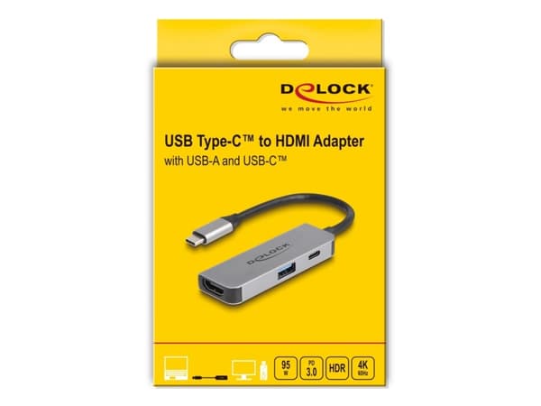 Delock USB Type-C Adapter zu HDMI 4K 60 Hz mit USB Typ-A und USB Type-C PD 95 W