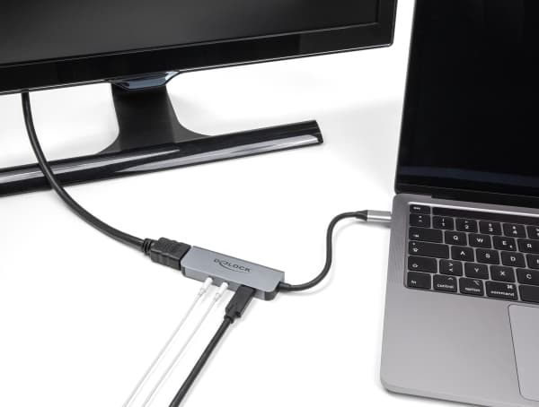 Delock USB Type-C -sovitin HDMI 4K 60 Hz:lle ja kuulokkeiden ja mikrofonin liitännälle + USB Type-C PD 95 W:lle