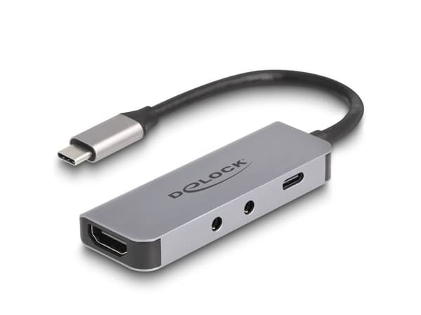 Delock USB Type-C -sovitin HDMI 4K 60 Hz:lle ja kuulokkeiden ja mikrofonin liitännälle + USB Type-C PD 95 W:lle