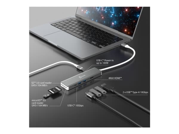 j5create JCD390-N, langallinen, USB 3.2 Gen 2 (3.1 Gen 2) Type-C, 100 W, hopea, valkoinen, MicroSD (TransFlash), SD, 10 Gbit/s.
