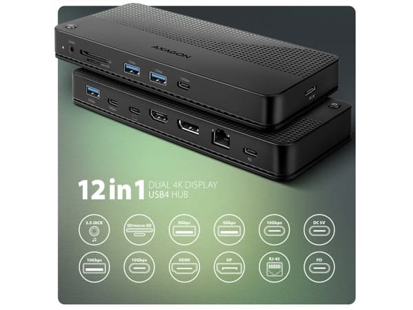 Axagon HMC-U4, Wired, USB4, 100 W, 3.5 mm, 1.4/2.3, 10,100,1000 Mbit/s
