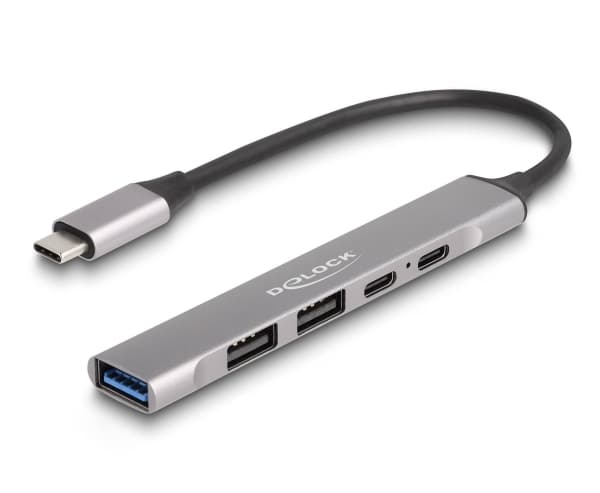 Delock - Hub - 1 x USB-C (Power Delivery) + 1 x USB-C + 1 x SuperSpeed USB + 2 x USB-A 2.0 - stasjonær