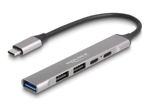 Delock - Hub - 1 x USB-C (Power Delivery) + 1 x USB-C + 1 x SuperSpeed USB + 2 x USB-A 2.0 - stasjonær