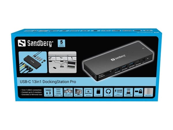 Sandberg USB-C 13in1 DockingStation Pro, langallinen, USB 3.2 Gen 1 (3.1 Gen 1) Type-C, 100 W, 3,5 mm, harmaa, MMC, MicroSD (TransFlash), MicroSDHC,