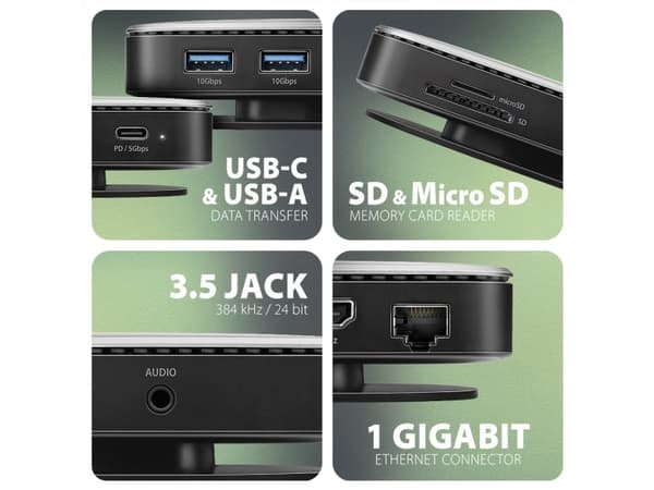 Axagon HMC-UFO USB-C Hub M.2 SATA/NVMe 1 Gbit/s Ethernet 384 kHz Audio, Koblet med ledninger (ikke trådløs), USB 3.2 Gen 2 (3.1 Gen 2) Type-C, 100 W,