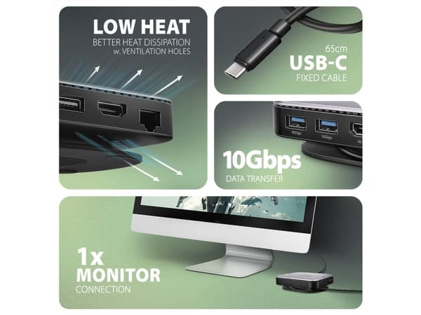 Axagon HMC-UFO USB-C Hub M.2 SATA/NVMe 1 Gbit/s Ethernet 384 kHz Audio, Koblet med ledninger (ikke trådløs), USB 3.2 Gen 2 (3.1 Gen 2) Type-C, 100 W,