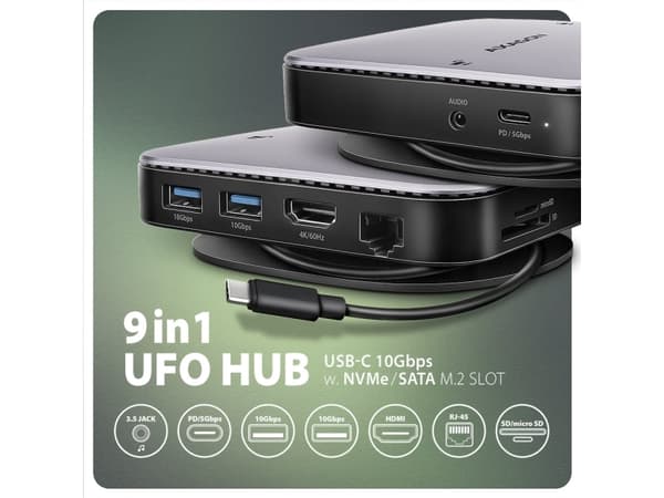 Axagon HMC-UFO USB-C Hub M.2 SATA/NVMe 1 Gbit/s Ethernet 384 kHz Audio, Koblet med ledninger (ikke trådløs), USB 3.2 Gen 2 (3.1 Gen 2) Type-C, 100 W,