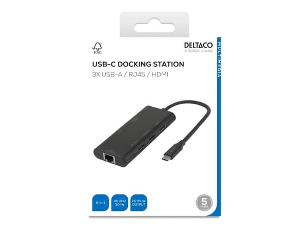 USB-C telakointiasema DELTACO, yksittäinen, 1x HDMI, 3x USB-A, RJ45 / USBC-HDMI31 / 1902571