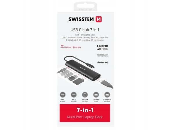 Swissten Daudzportu klēpjdatora dokstacija USB-C Hub 7in1 USB-C 100W / HDMI 4K / USB-A 3.0 / 2x USB-A 2.0 / SD / MicroSD