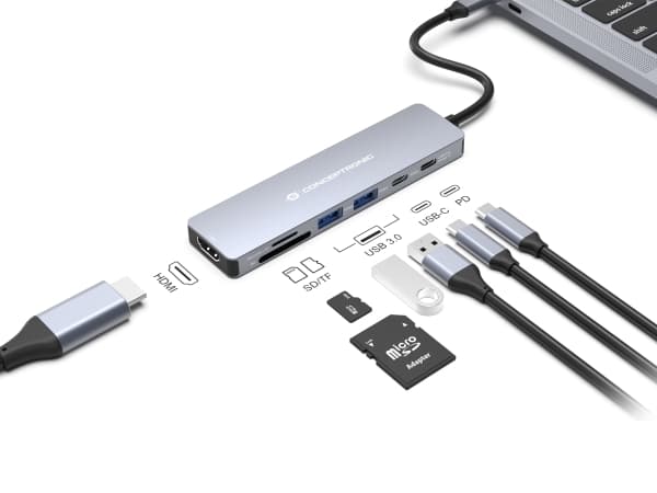 Conceptronic DONN28G, Kabel, USB 3.2 Gen 1 (3.1 Gen 1) Type-C, 100 W, Grå, MicroSD (TransFlash), SD, 5 Gbit/s