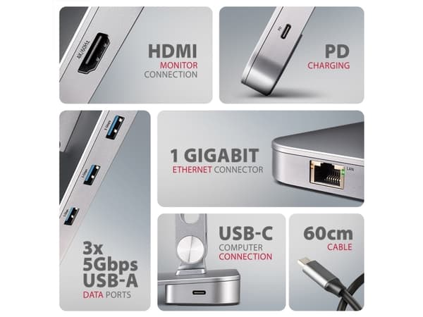 Axagon Ei luokiteltu, langallinen, USB 3.2 Gen 1 (3.1 Gen 1) Type-C, 100 W, 1.4/2.3, 10 100 1000 Mbit/s, hopea