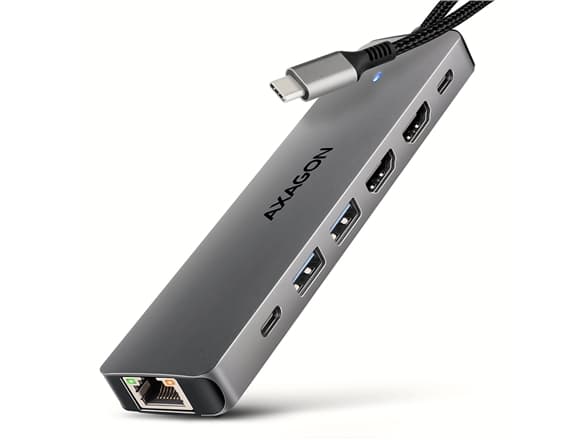 AXAGON HMC-7HX2 USB-hubb, 2x USB-A, 1x USB-C, 2x HDMI 2.0, 1x RJ45, 100 W PD - silver