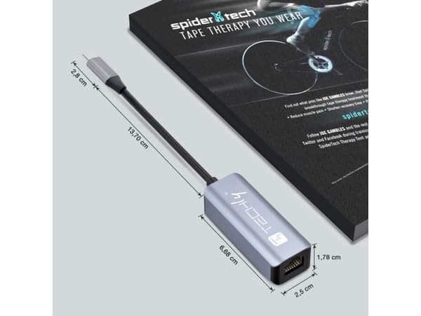 Techly IDATA USB-ETGIGA-CA, Kabel, USB 3.2 Gen 1 (3.1 Gen 1) Type-C, 10,100,1000 Mbit/s, Svart, Silver, Gjuten aluminium, USB