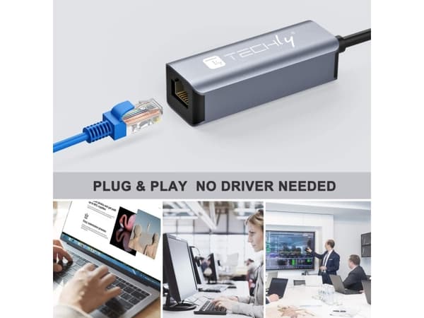 Techly IDATA USB-ETGIGA-CA, Kabel, USB 3.2 Gen 1 (3.1 Gen 1) Type-C, 10,100,1000 Mbit/s, Svart, Silver, Gjuten aluminium, USB