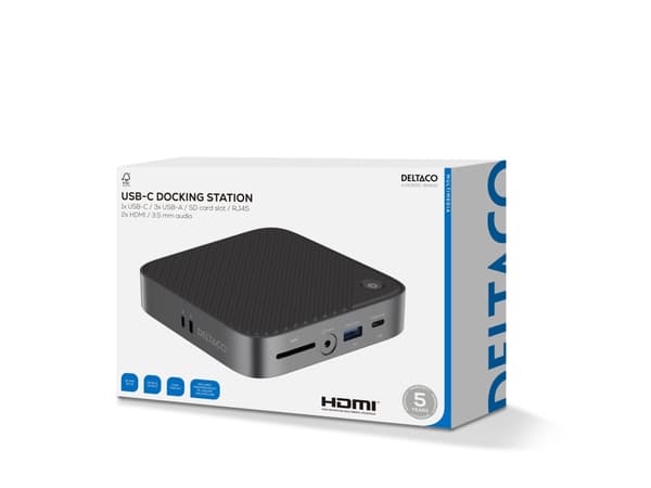 USB-C telakointiasema DELTACO, kaksinkertainen, 2x HDMI, USB-C/RJ45/SD/3.5, VESA / USBC-HDMI28 / 1902423