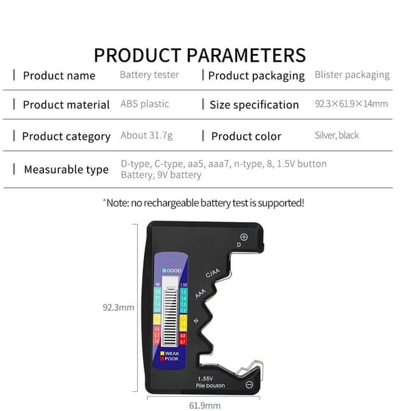 Universell batteritester for C/AAA/D/N/9V/6F22/1.55V