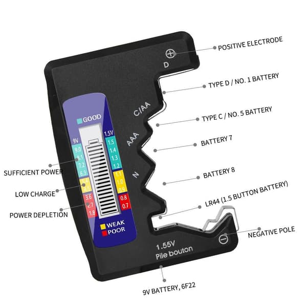 Universell batteritester for C/AAA/D/N/9V/6F22/1.55V