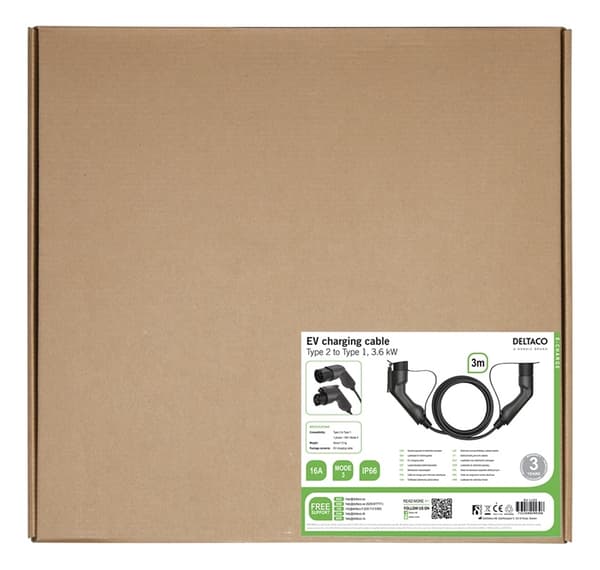 DELTACO e-Charge, kaapeli Type 2 - Type 1, 1-vaihe, 16A, 3m