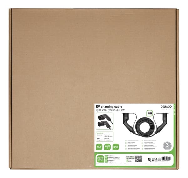 DELTACO e-Charge, kaapeli Type 2 - Type 2, 1-vaihe, 16A, 7m