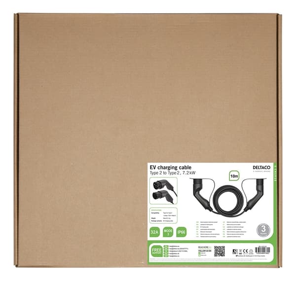 DELTACO e-Charge, kaapeli Type 2 - Type 2, 1-vaihe, 32A, 10m, musta