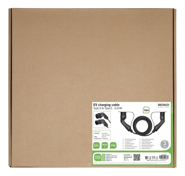 DELTACO e-Charge, kaapeli Type 2 - Type 2, 3-vaihe, 32A, 10m, musta