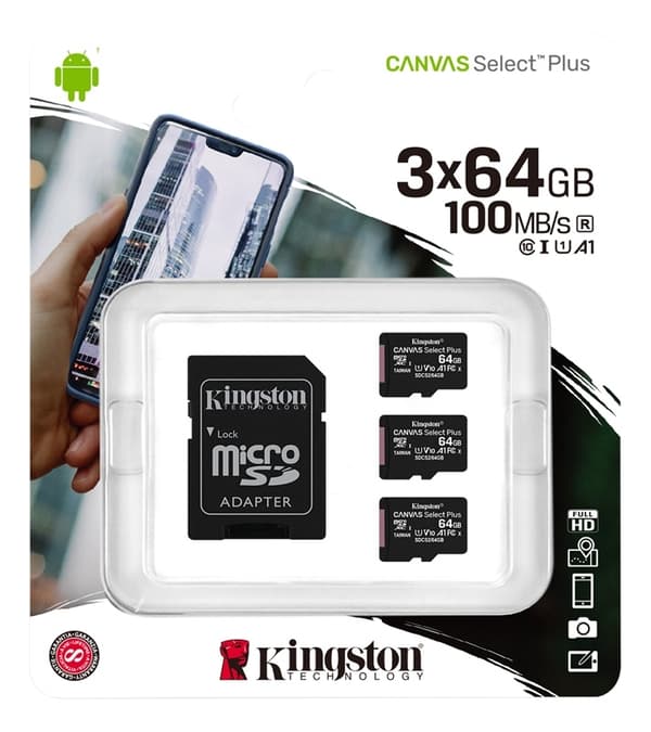 Kingston 64GB micSDXC Canvas Select Plus 100R A1 C10 3-pack + 1 ADP