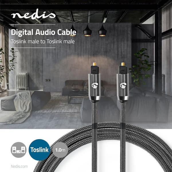 Nedis Optinen Audiokaapeli | TosLink uros | TosLink uros | 1.00 m | Pyöreä | Puuvilla | Gun Metal Harmaa | Laatikko kannella ja ikkunalla