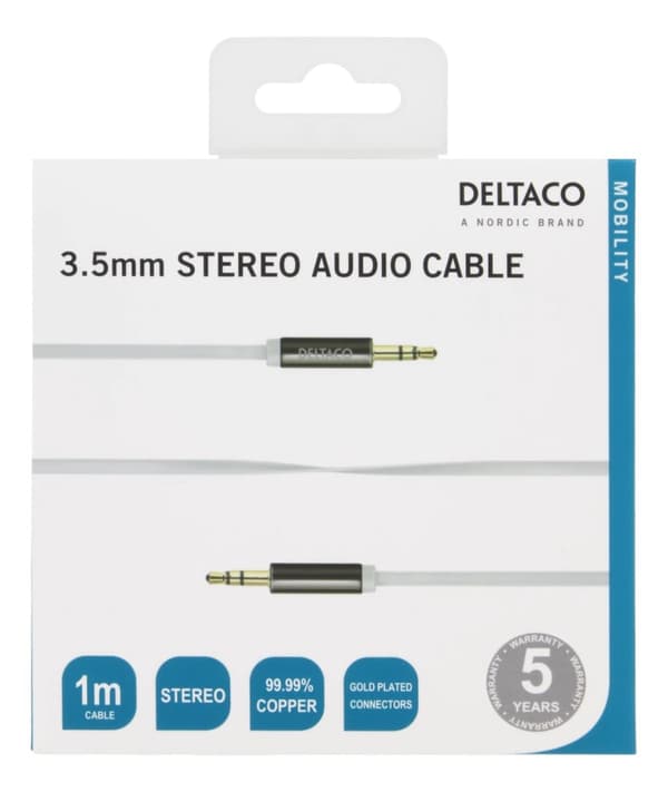 DELTACO lydkabel, 3,5mm han til 3,5mm han, 1m, hvid