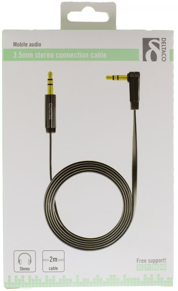 DELTACO lydkabel, vinklet 3,5mm han - 3,5mm han, 2m, sort