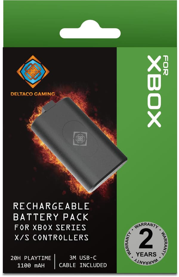 DELTACO GAMING Ladattava akku Xbox X/S-ohjaimelle, 1100 mAh, USB-C-kaapeli, musta