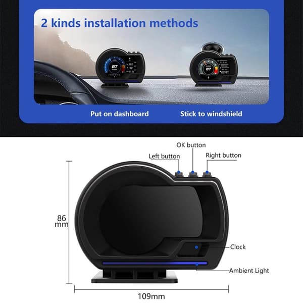Bil HUD Speedometer OBD2+GPS-måler med overhastighed, omdrejningsalarm