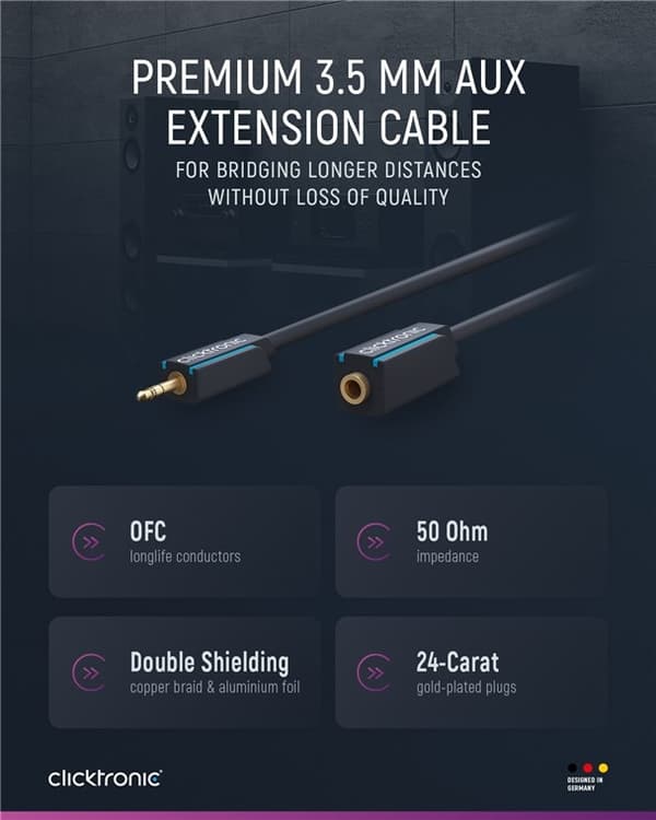 ClickTronic 3,5 mm AUX-förlängningskabel, stereo Premiumkabel | 1x 3,5 mm jackkontakt  1x 3,5 mm jackkontakt | 1,5 m | OFC innerledare