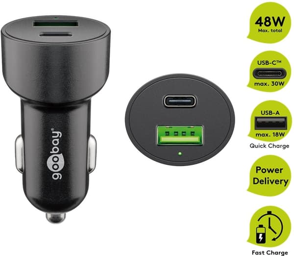 Goobay Dubbel USB-billadare USB-C™ PD (Power Delivery) (48 W) 48 W (12/24 V) USB-A/USB-C™ lämplig för enheter med USB-C™ (Power Delivery), t.ex. iPhon