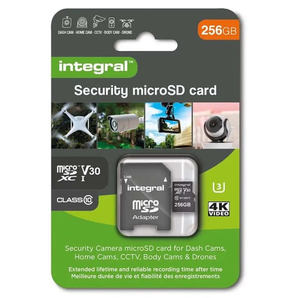 Integral 256 GB sikkerhet kamera microSD-kort for dashbordkameraer, hjemmekameraer, CCTV, kroppskameraer og droner